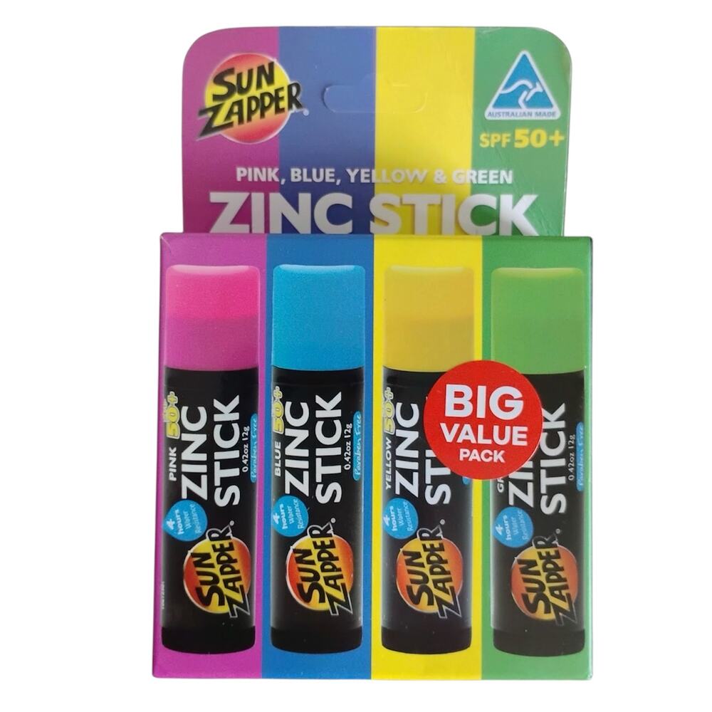 Sun Zapper Rainbow 4 Pack Zinc Sticks SPF 50+ Australia Pink Blue Yellow Green